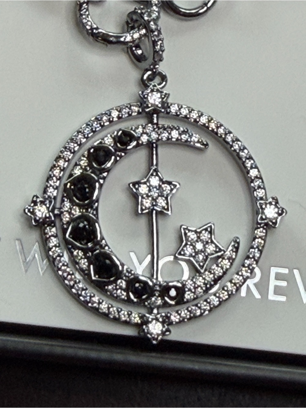 bp Silver-Tone Crescent Moon & Star Pendant Necklace with Black Accents